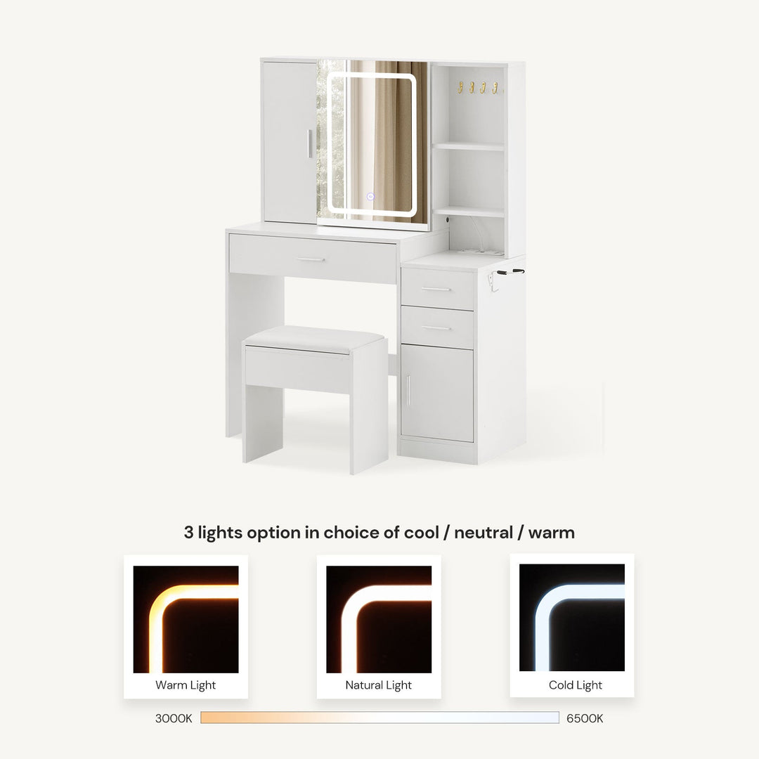 Daphne Dressing Table showing warm, cool and neutral LED lighting.