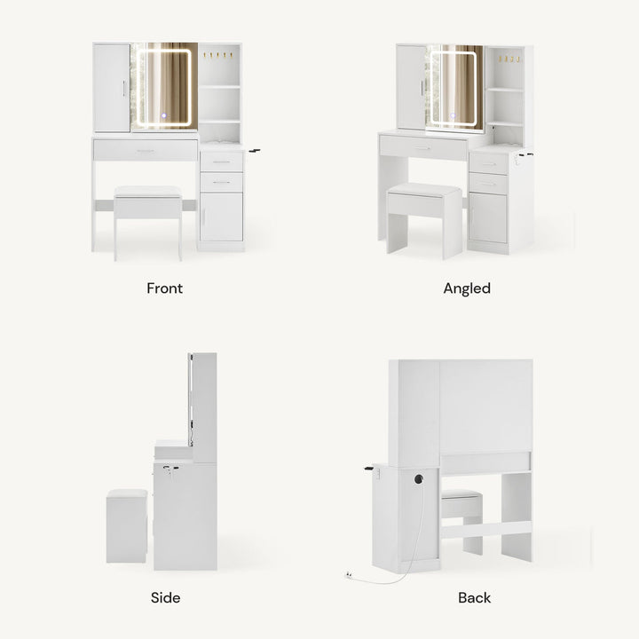 Daphne Dressing Table & Stool Set full 360-degree view in white background.