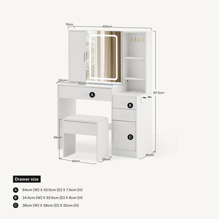 Daphne Dressing Table & Stool Set with dimension markings on white background.