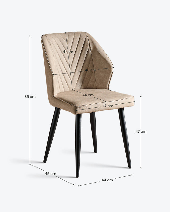 Side view of the Daviyon beige dining chair with black metal legs, illustrating the overall height, seat height, width and depth measurements.
