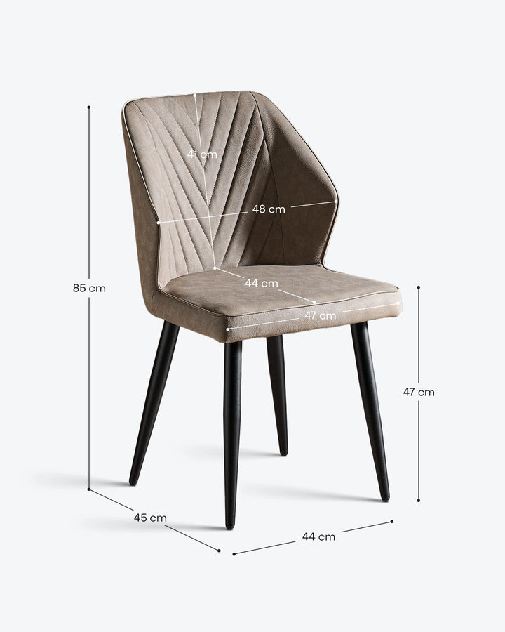 Side view of the Daviyon grey dining chair with black metal legs, illustrating the overall height, seat height, width and depth measurements.