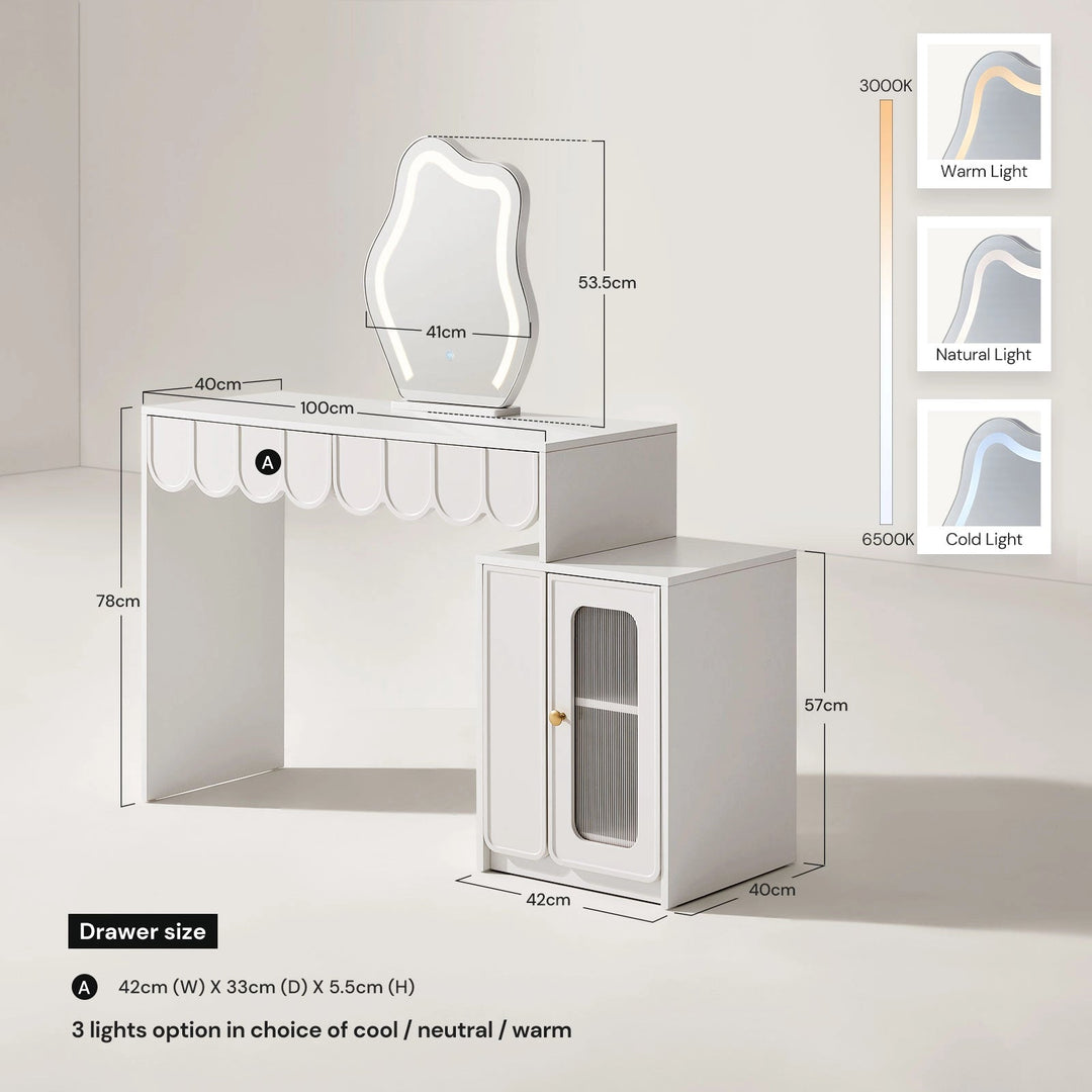 Doris Cloud Mirror Dressing Table with detailed measurements and dimensions