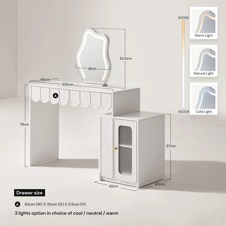 Doris Cloud Mirror Dressing Table with detailed measurements and dimensions