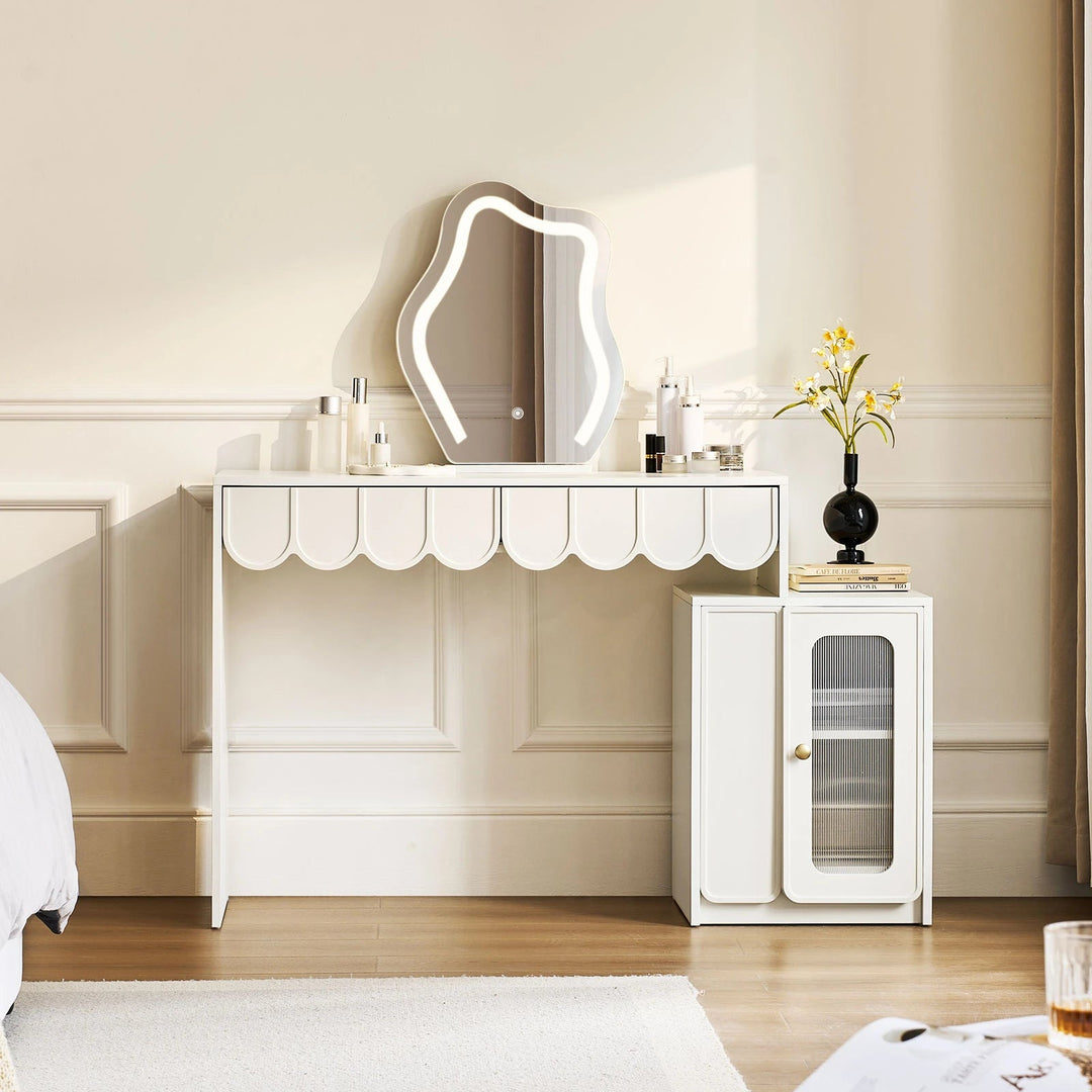 Doris Cloud Mirror Dressing Table beside bed in bedroom interior