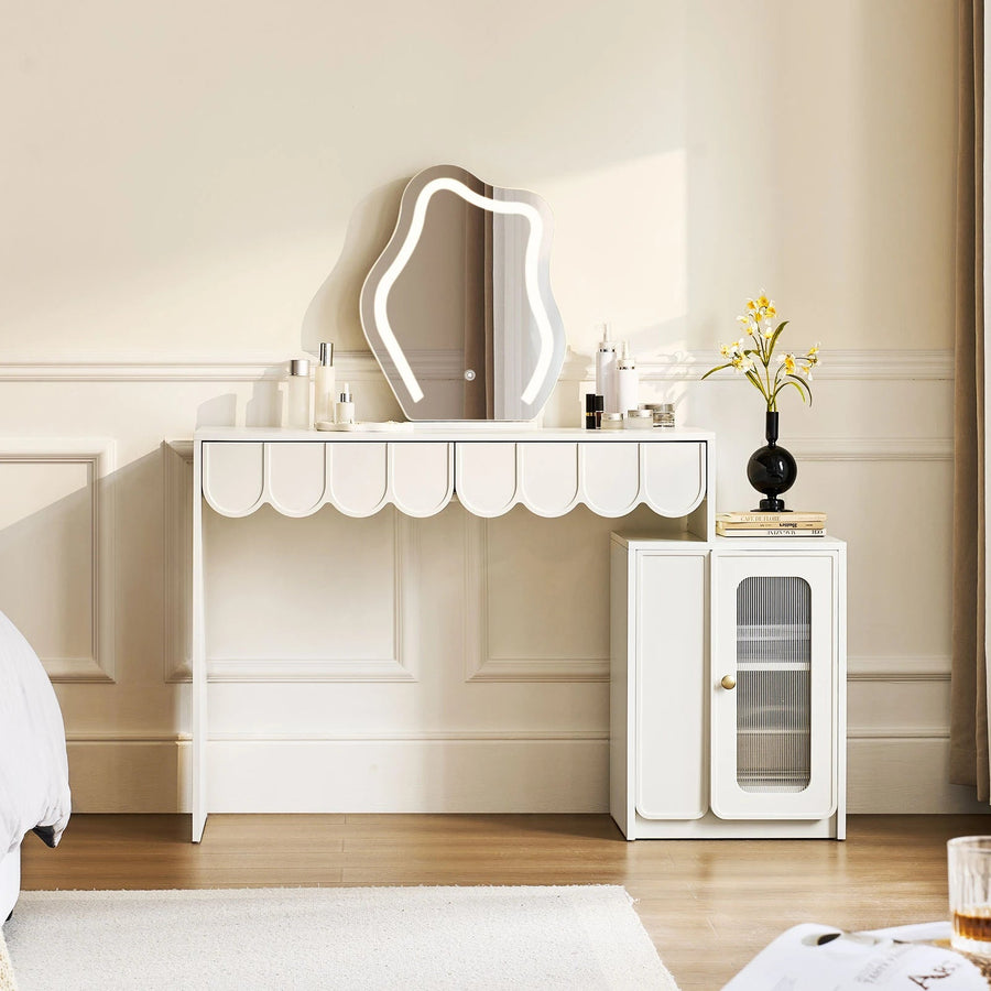 Doris Cloud Mirror Dressing Table beside bed in bedroom interior