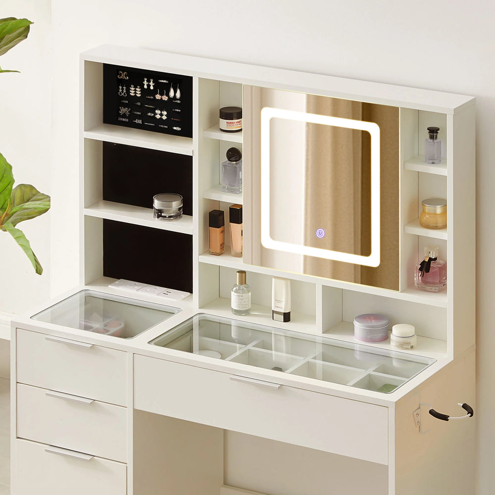 Dorla Dressing Table LED mirror lit with cosmetics on open shelves.