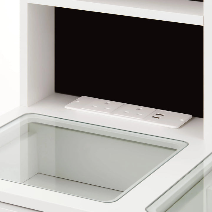 Dorla Dressing Table with built-in power strip on glass desktop

