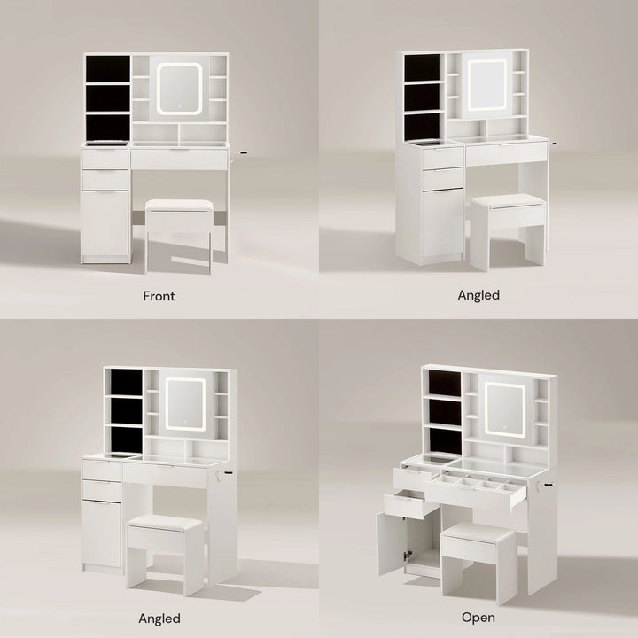 Dorla Dressing Table & Stool Set, full 360-degree view in white background