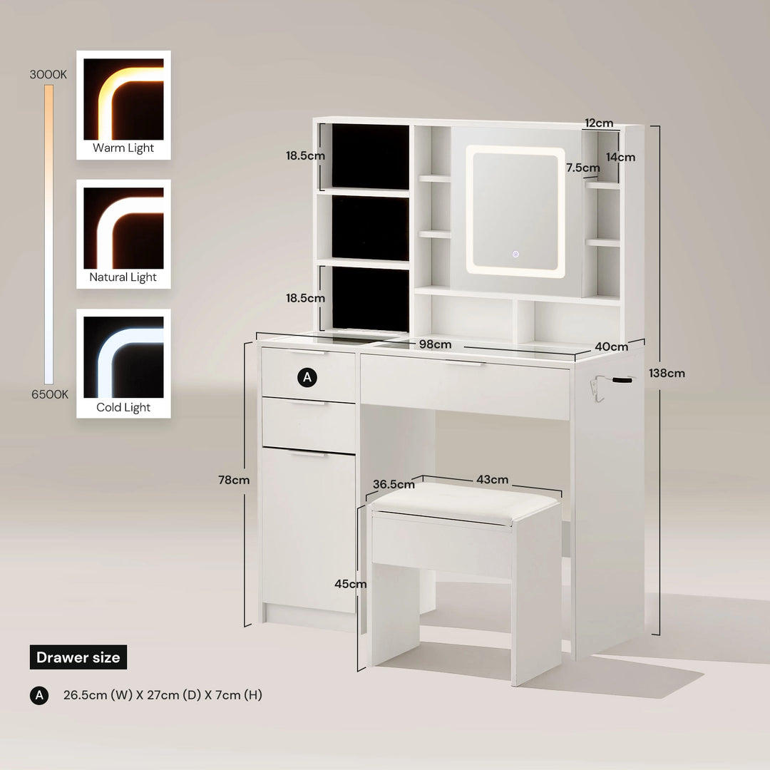 Dorla Dressing Table & Stool Set with dimension markings on a white background. Showing warm, cool, and neutral LED lighting
