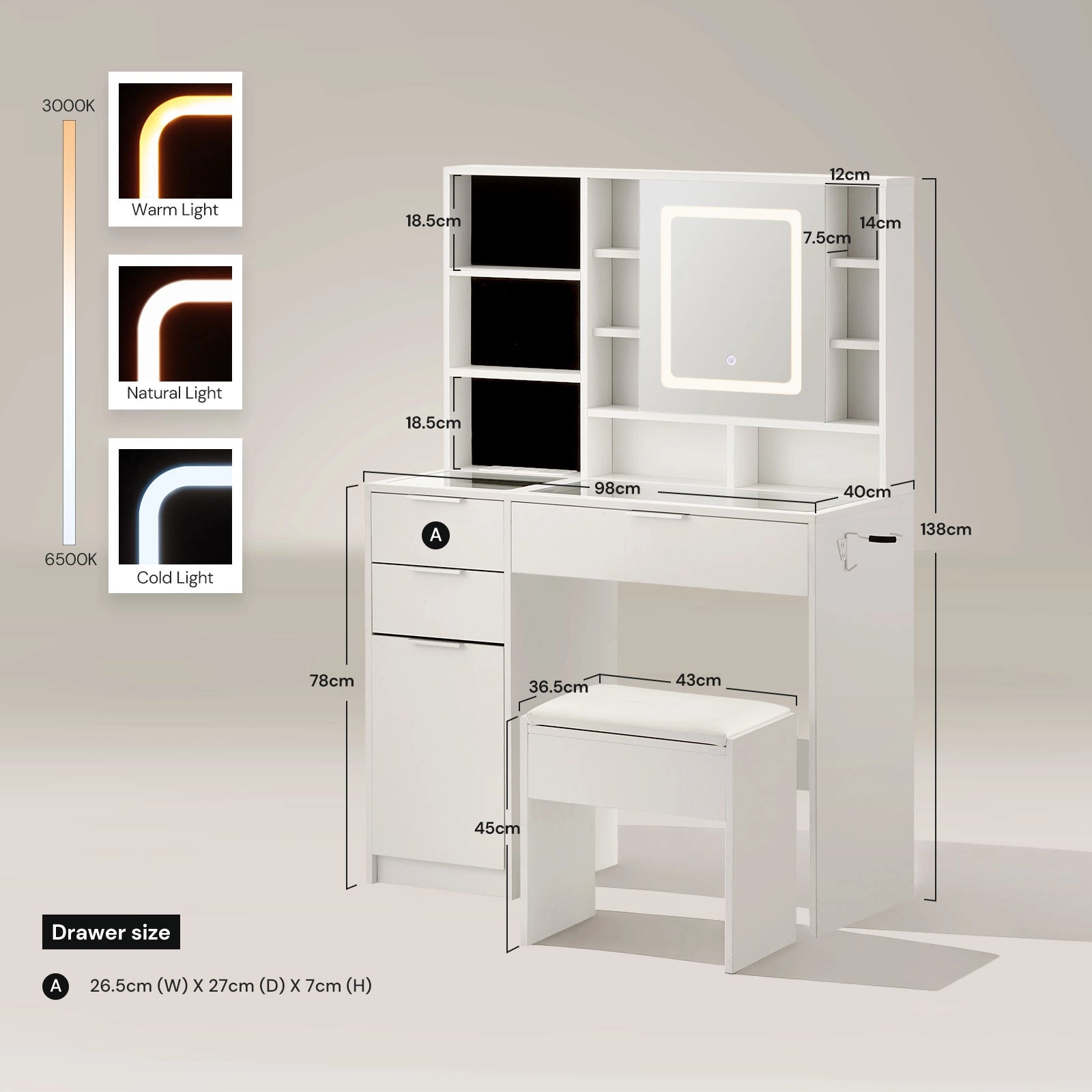 Dorla Dressing Table & Stool Set with dimension markings on a white background. Showing warm, cool, and neutral LED lighting
