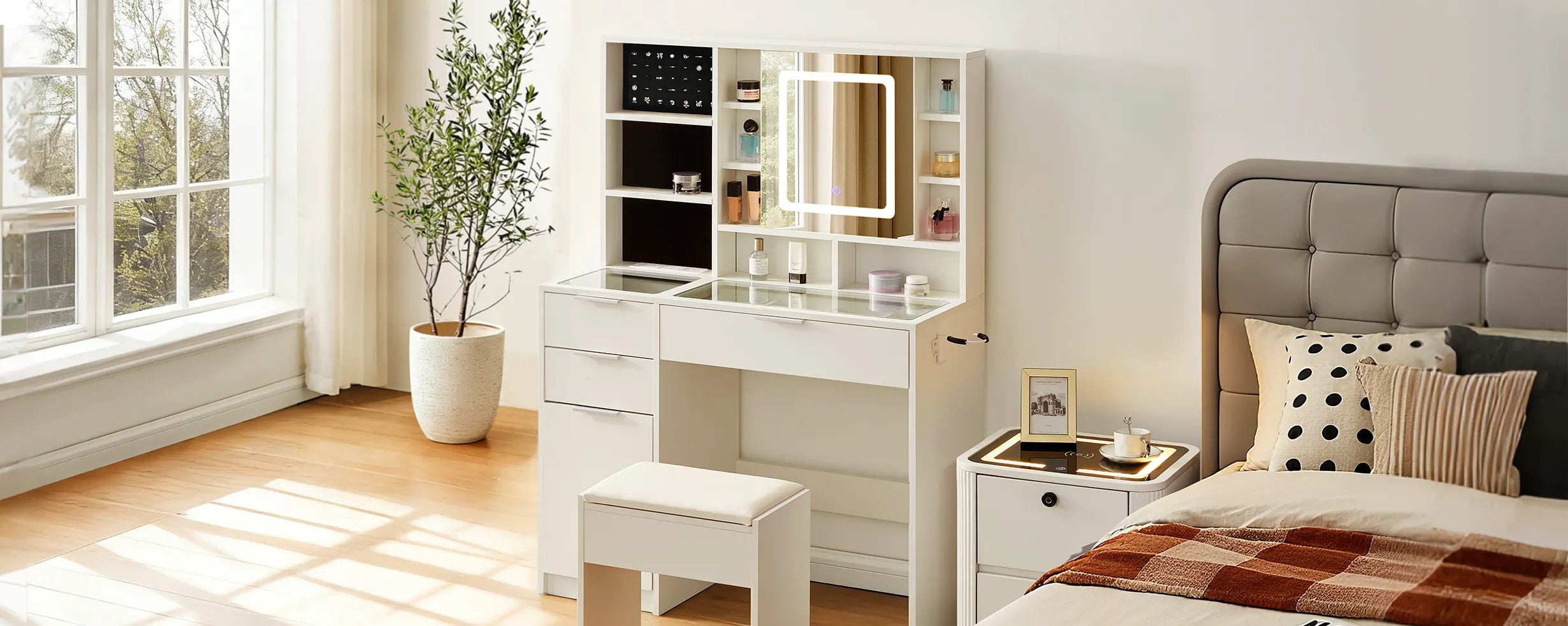 dorle led lighted  Dressing Table & Stool Set in bright bedroom beside a bedside table