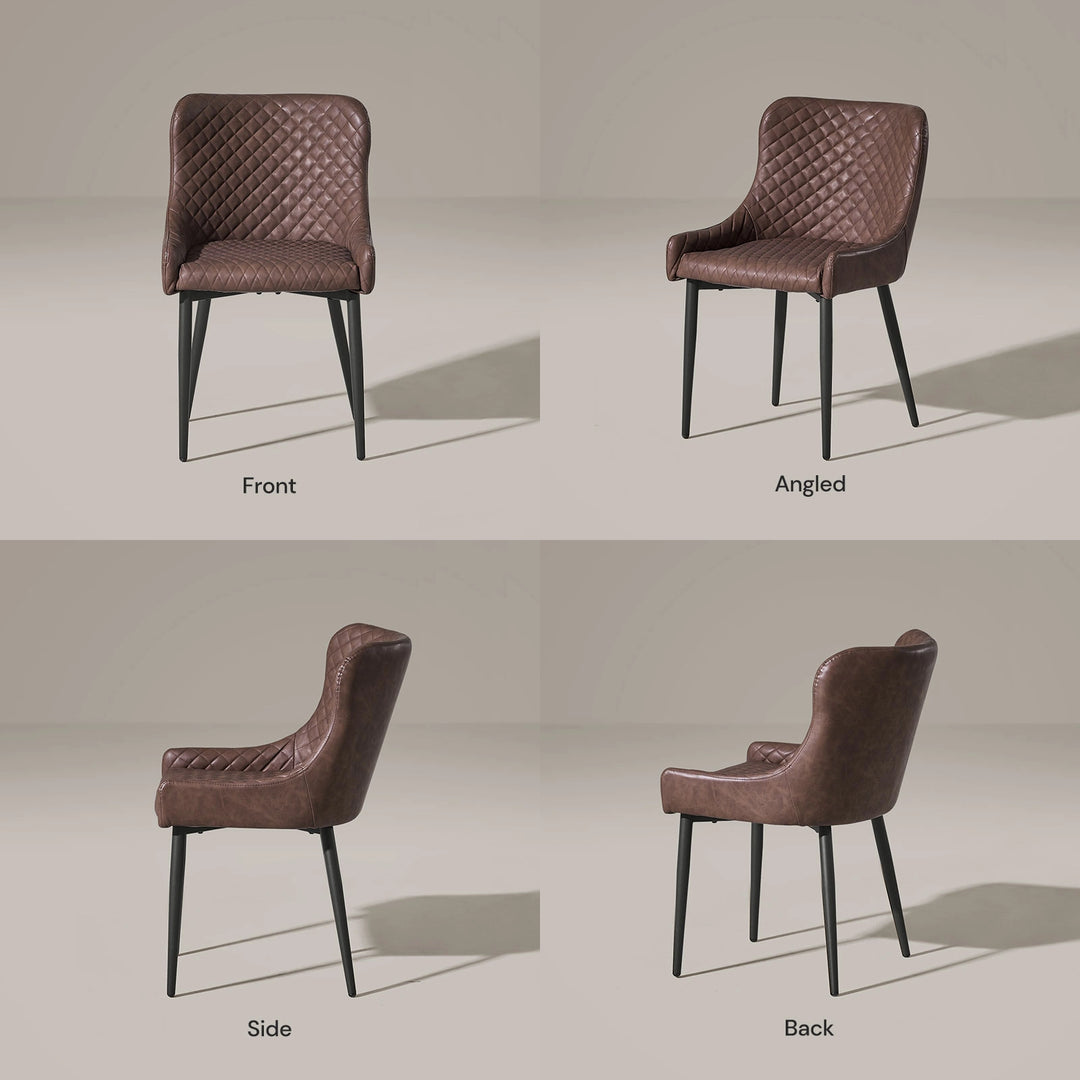 Front, side and back views of the Dundas brown faux leather dining chair