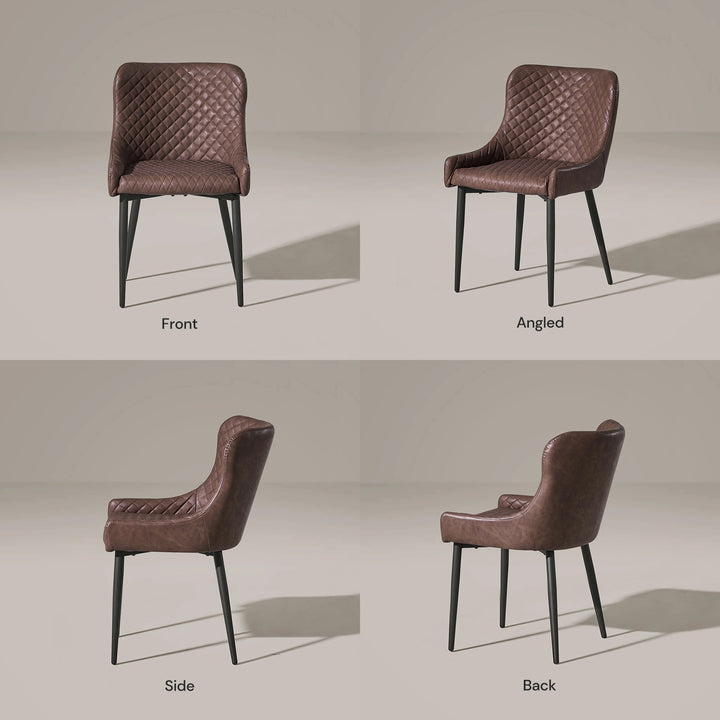 Front, side and back views of the Dundas brown faux leather dining chair