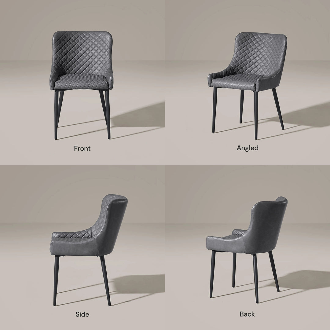 Front, side and back views of the Dundas grey faux leather dining chair