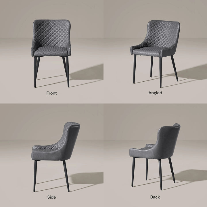 Front, side and back views of the Dundas grey faux leather dining chair