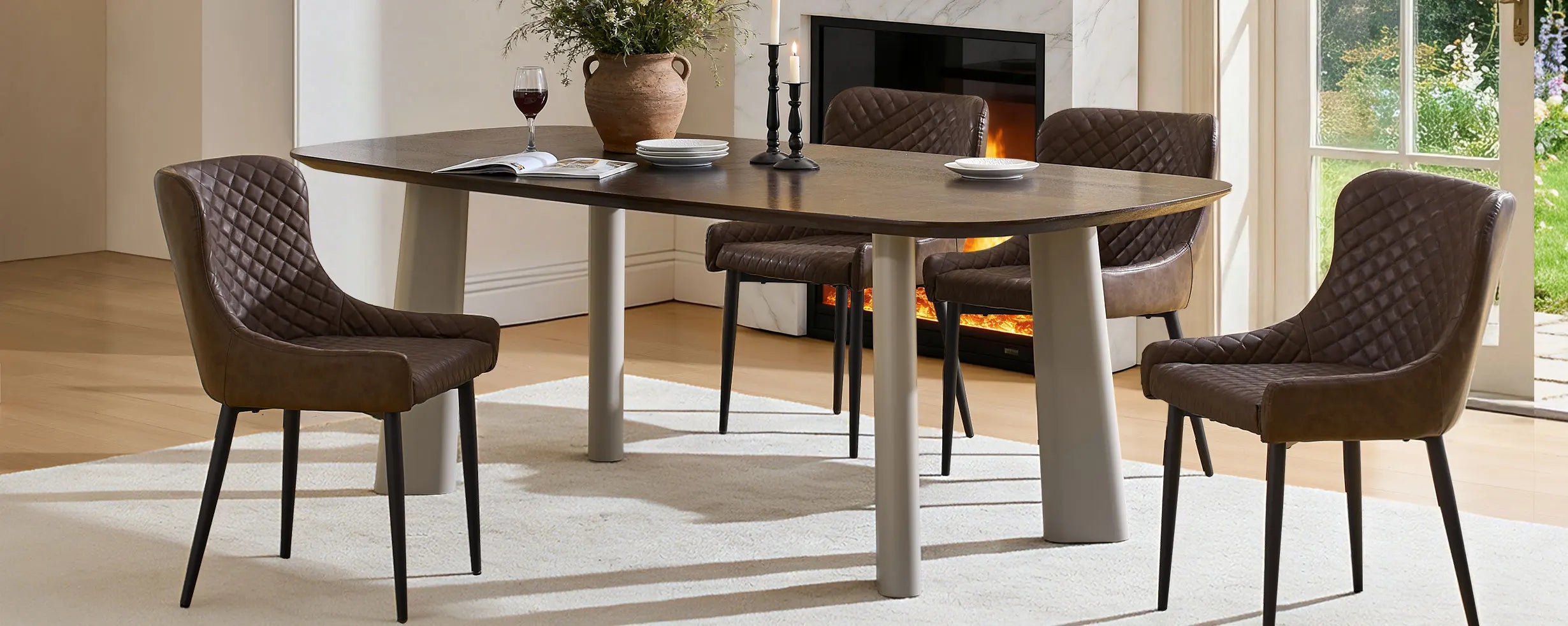 Four brown faux leather dining chairs in a bright modern dining room, creating a comfortable setting for a four-seater dining table