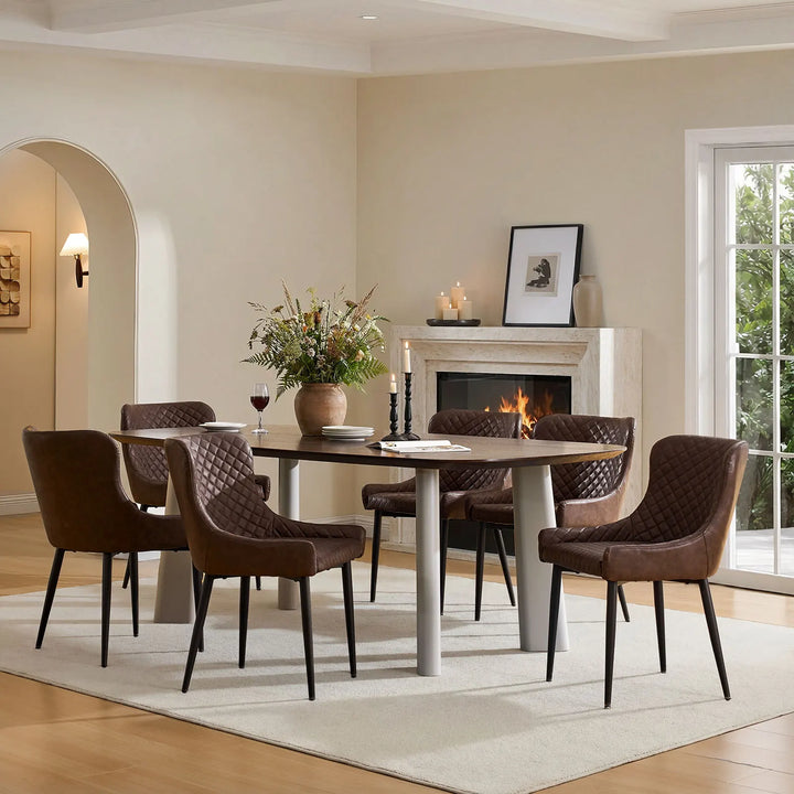 Six brown faux leather dining chairs placed around a dining table in a modern dining room