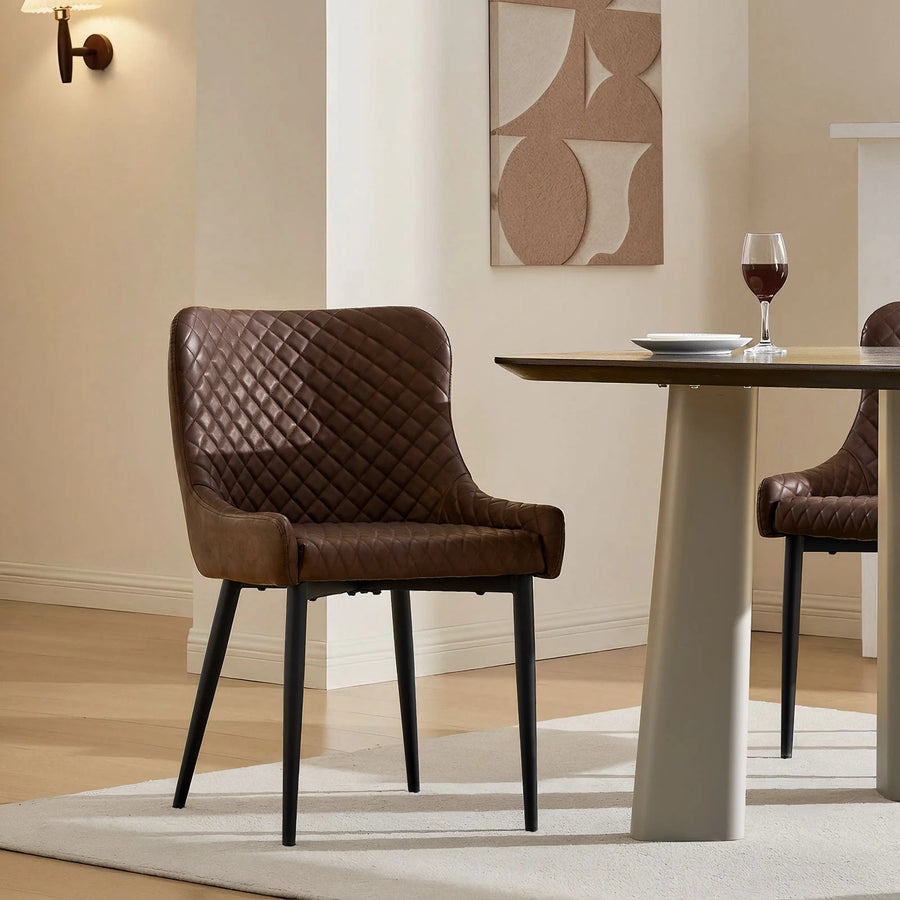 Brown faux leather dining chair in a modern family dining room