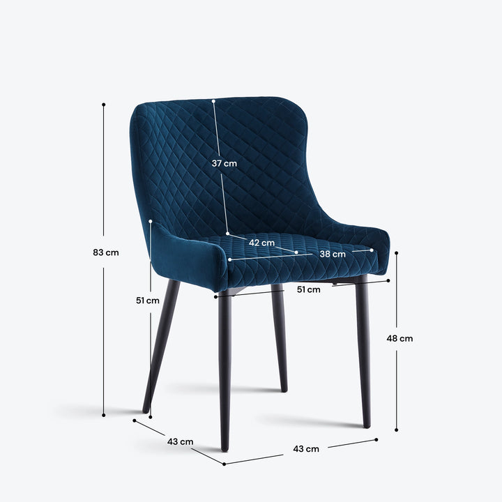 Dundas blue velvet dining chair dimension guide showing the overall height, width, seat height and depth of the armchair
