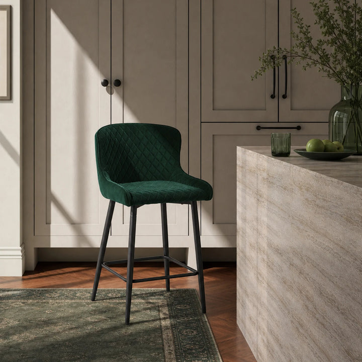 Dundas Green Velvet Bar Stools in a bright kitchen