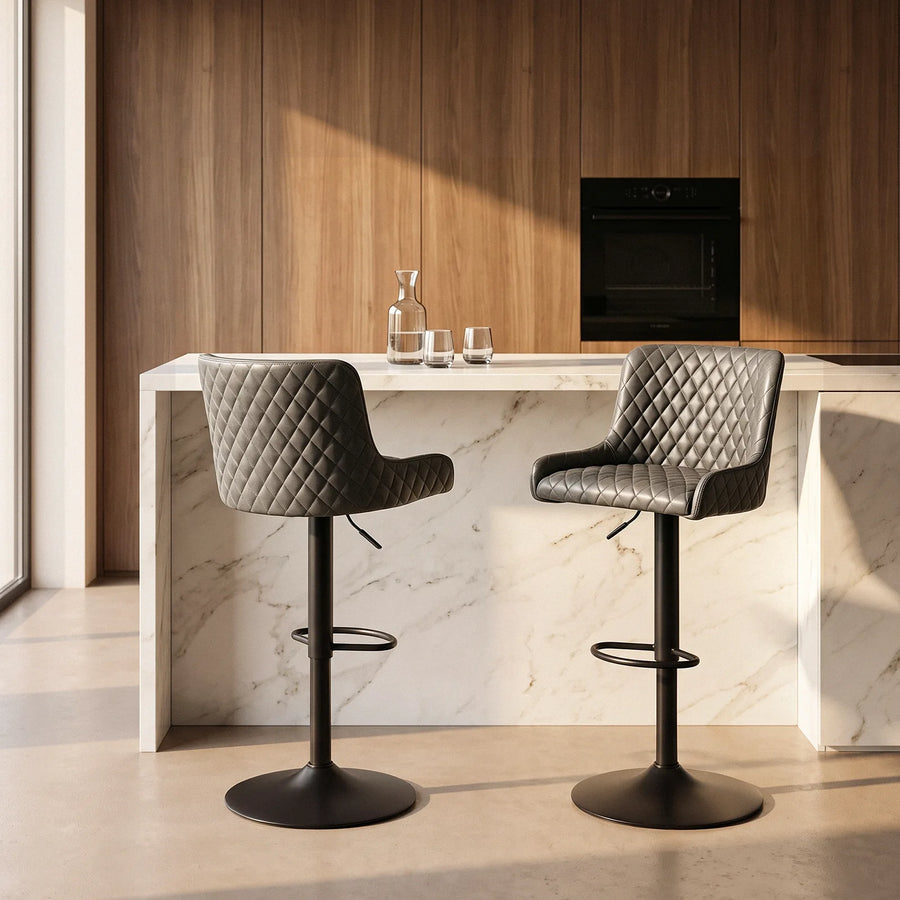 2 height adjustable bar stools in front of a kitchen island