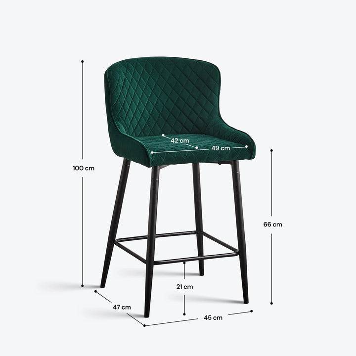 Dundas green velvet bar stool dimensions showing overall height, seat height, width and depth