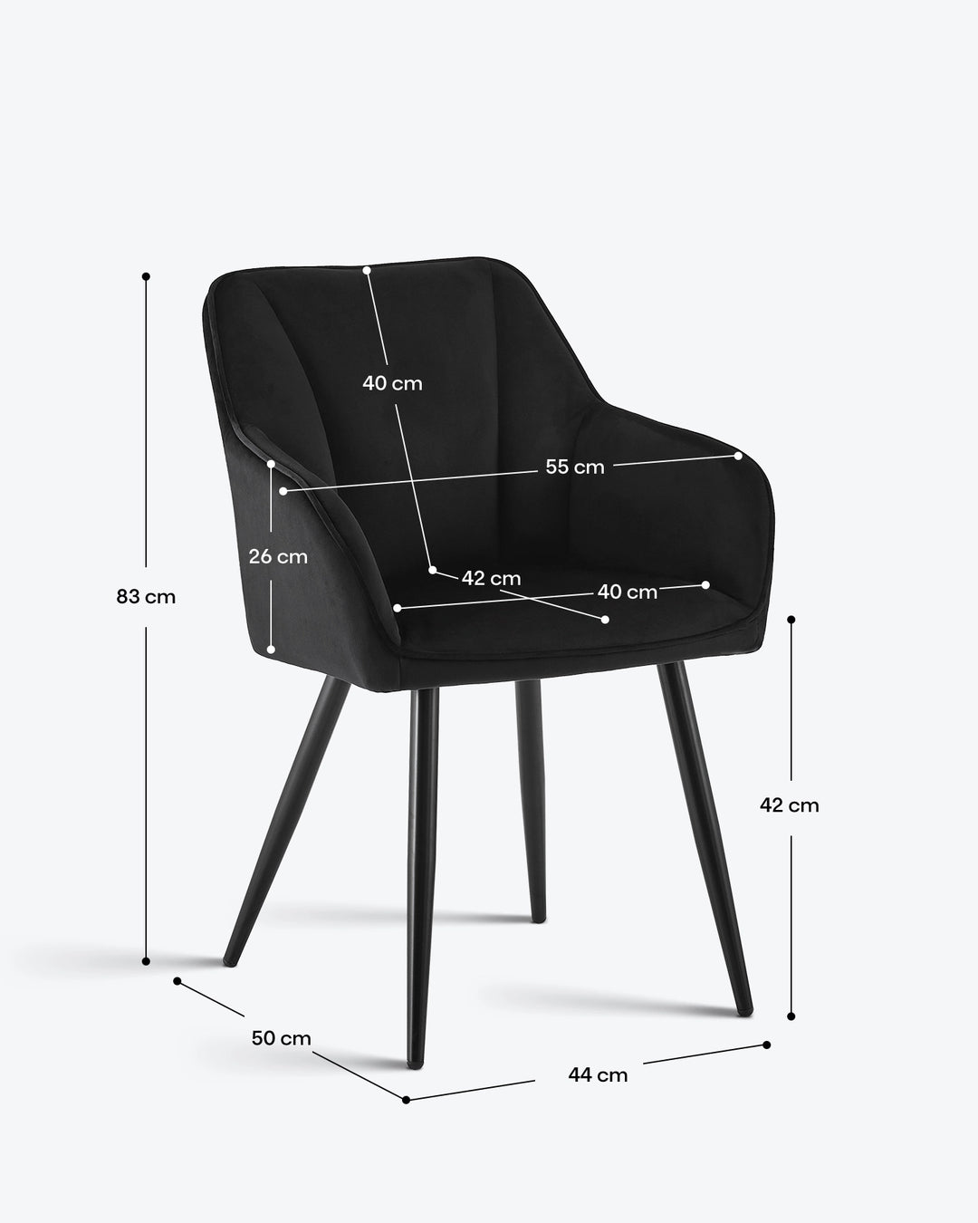 Earven black velvet dining chair dimensions diagram showing the overall height of 80 cm, seat height of 48 cm and chair width and depth measurements