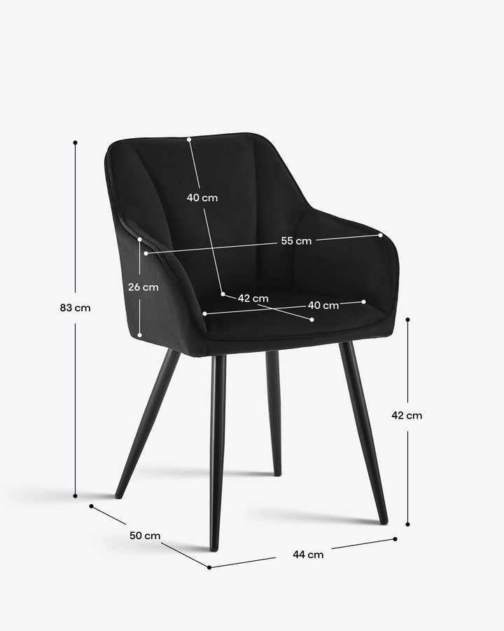 Earven black velvet dining chair dimensions diagram showing the overall height of 80 cm, seat height of 48 cm and chair width and depth measurements