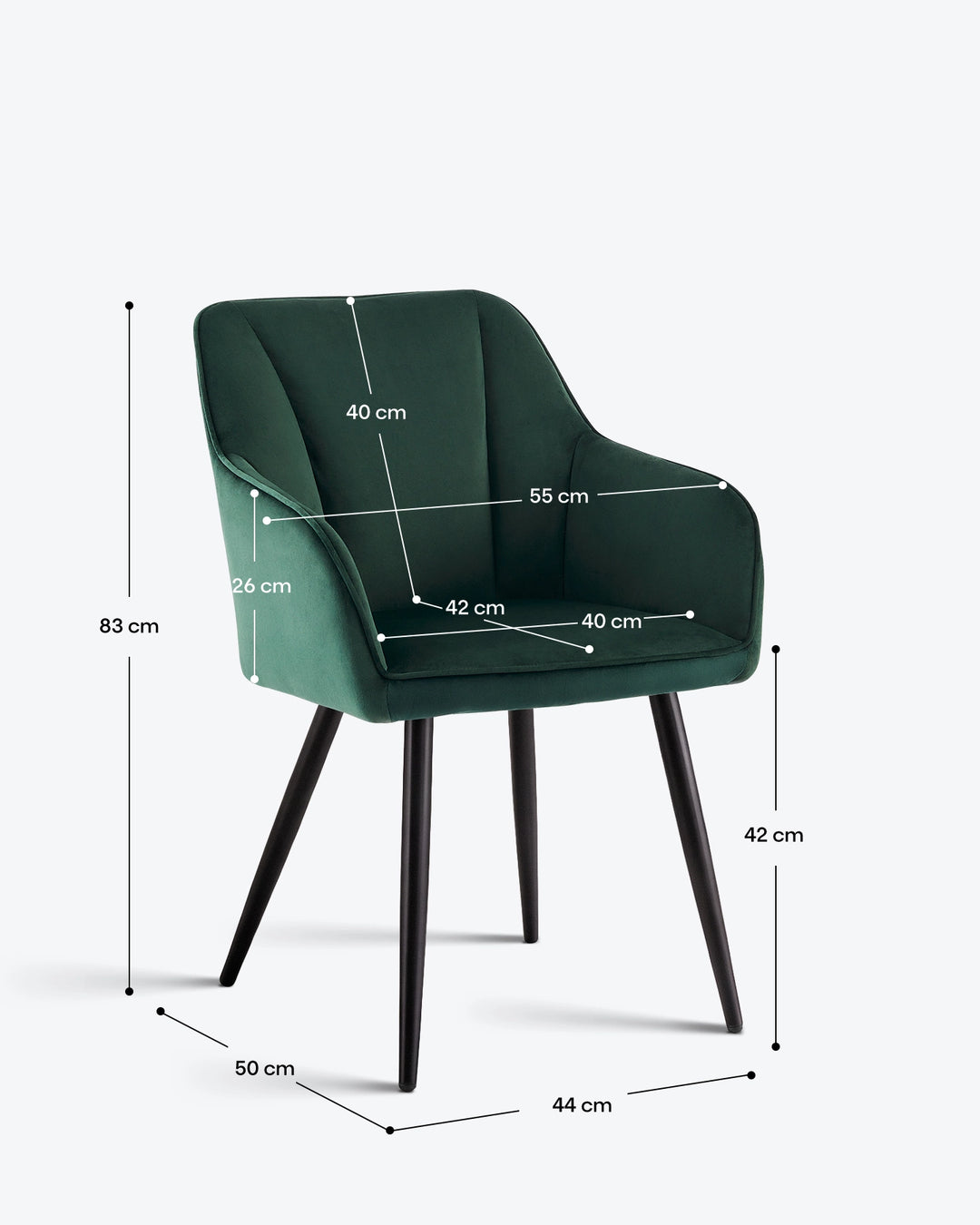 Earven green velvet dining chair dimensions diagram showing the overall height of 80 cm, seat height of 48 cm and chair width and depth measurements