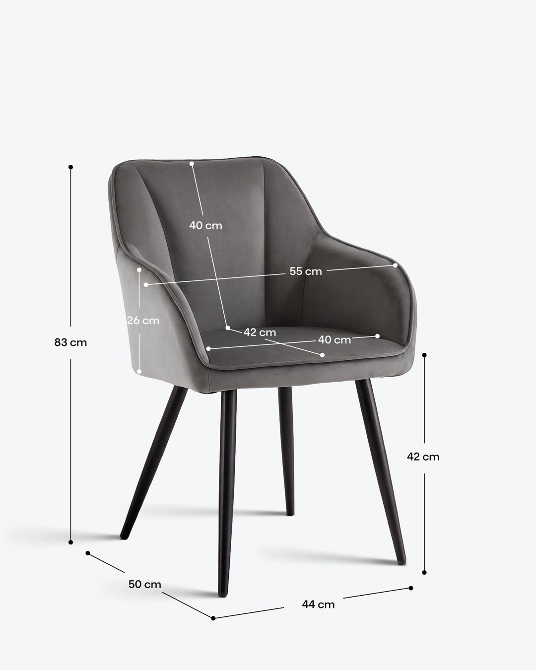 Earven grey velvet dining chair dimensions diagram showing the overall height of 80 cm, seat height of 48 cm and chair width and depth measurements
