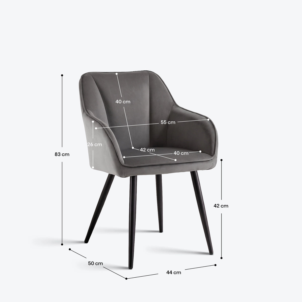 Earven grey velvet dining chair size guide illustrating the chair's overall dimensions, seat height and leg positioning for dining room planning