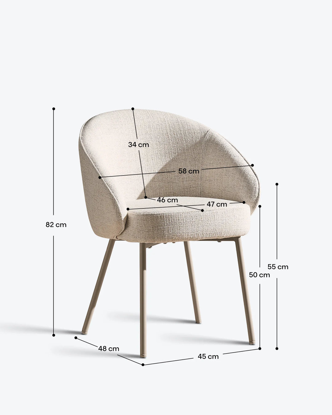 Dimensions of the Elowen beige linen dining chair with overall height, seat width, depth and armrest measurements