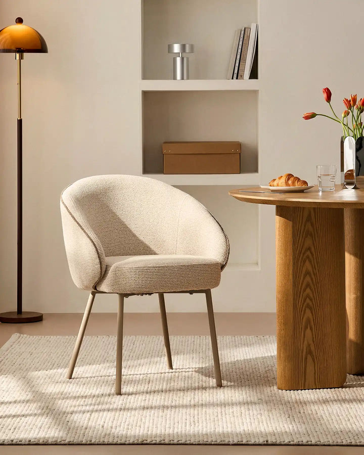 Front view of the Elowen cream and brown chenille dining chair featuring a thick padded seat and softly curved backrest
