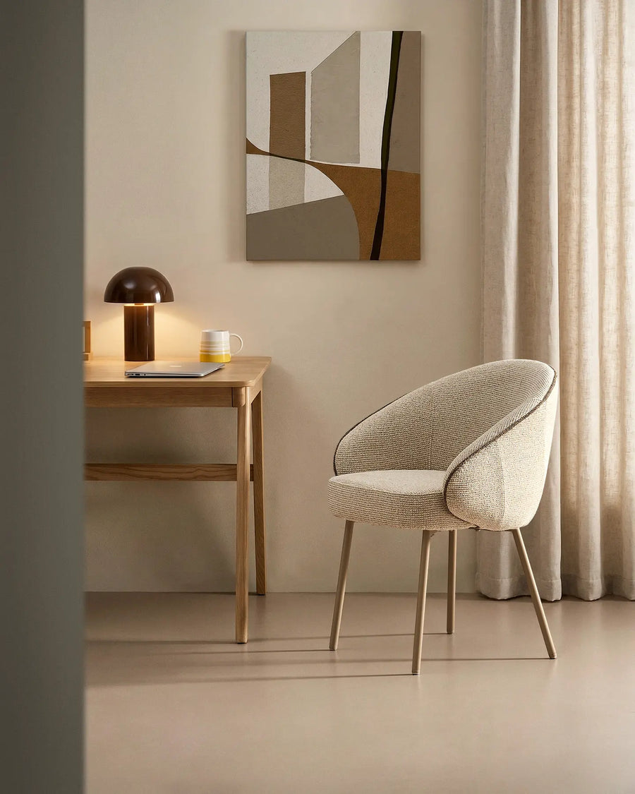 Elowen cream and brown chenille dining chair used as a comfortable home office chair with thick padded seat beside a modern desk