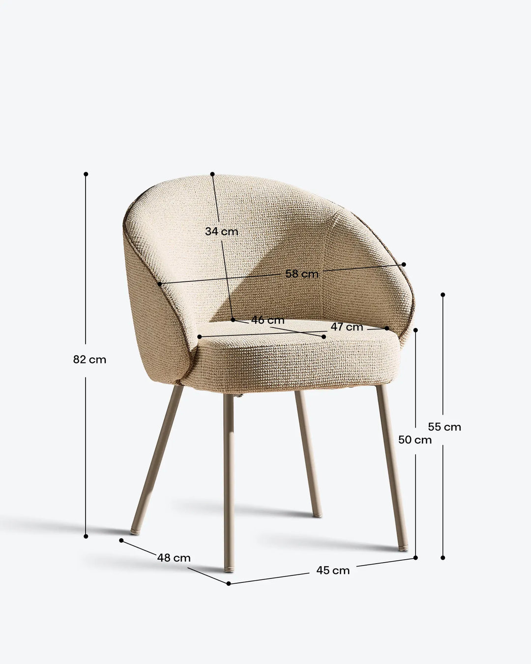 Dimensions of the Elowen cream and brown chenille dining chair with overall height, seat width, depth and armrest measurements