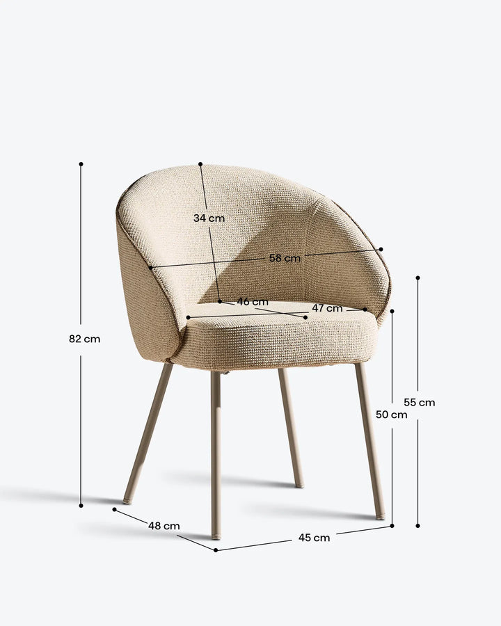 Dimensions of the Elowen cream and brown chenille dining chair with overall height, seat width, depth and armrest measurements
