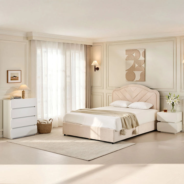 Ennis Chest of Drawers paired with Ennis bedside table in the bedroom, forming a coordinated Ennis furniture set for a cohesive interior look.