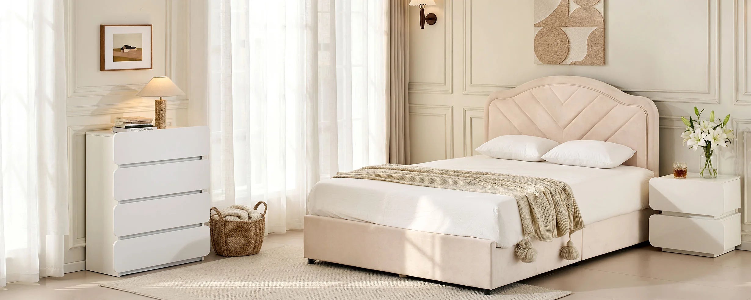 Ennis Chest of Drawers paired with Ennis bedside table in the bedroom, forming a coordinated Ennis furniture set for a cohesive interior look.