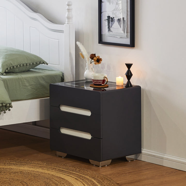 Erinn LED Light Bedside Table [2/3 Drawers][Charging Station][Nightstand]