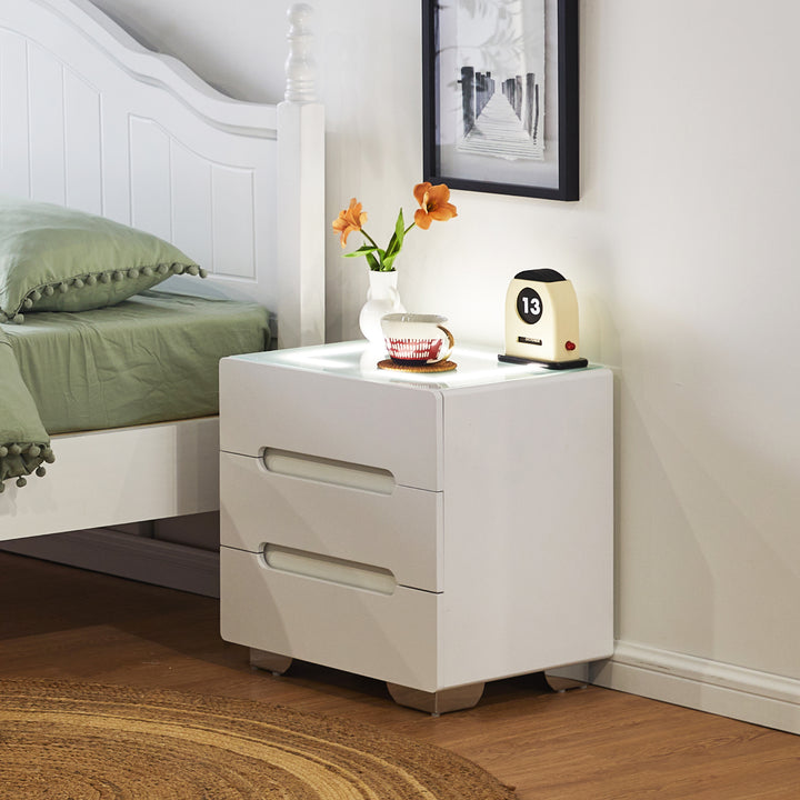 Erinn LED Light Bedside Table [2/3 Drawers][Charging Station][Nightstand]
