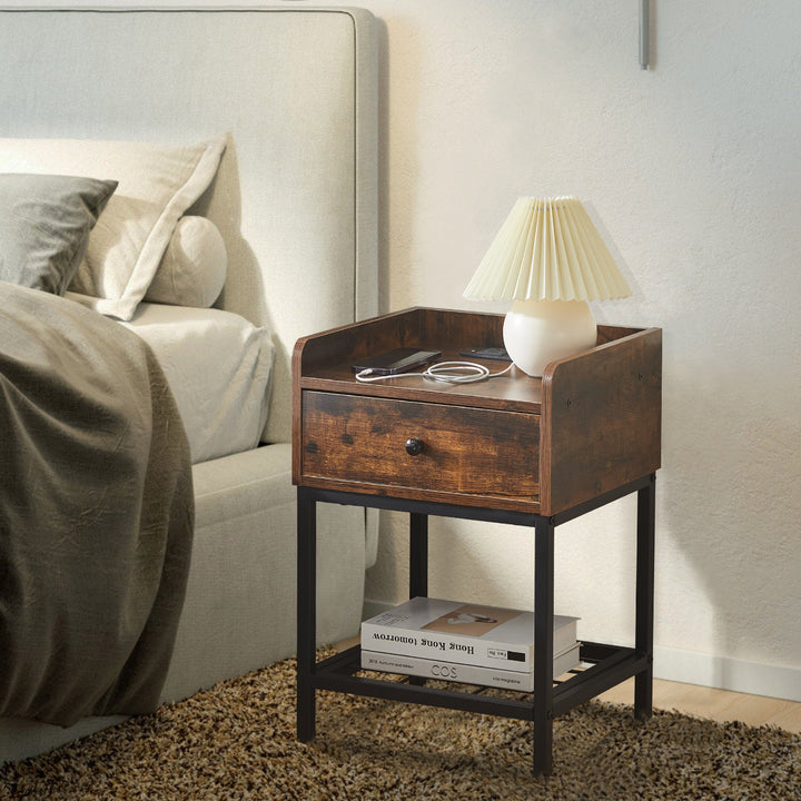 Eyve Industrial Wood Bedside Table [Charging Station]