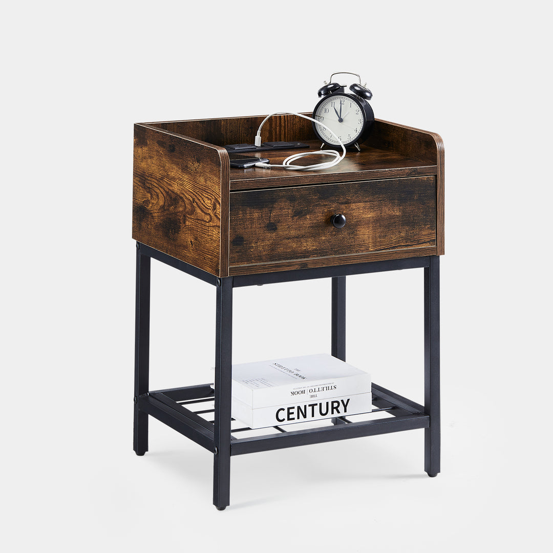 Eyve Industrial Wood Bedside Table [Charging Station]