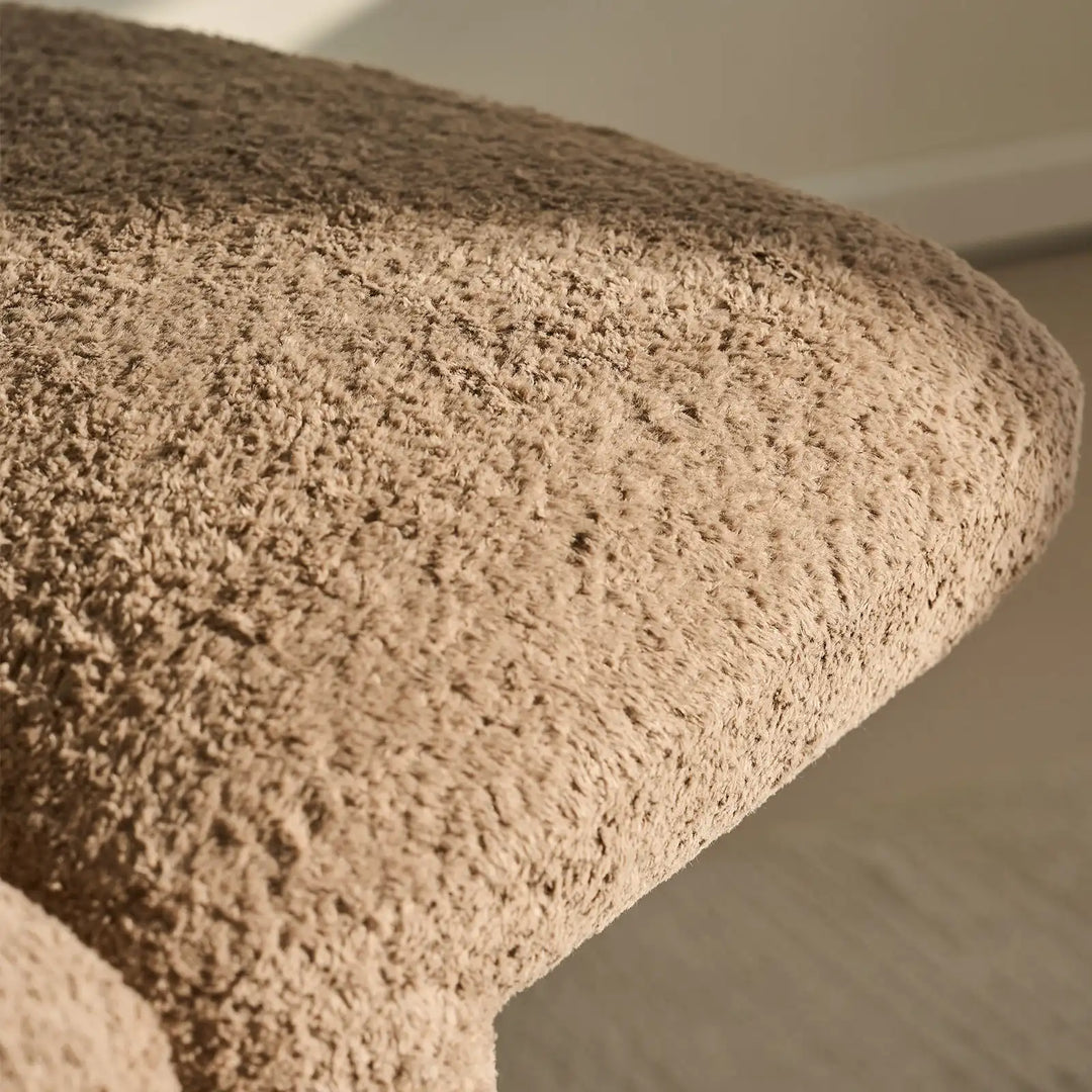 Faye Teddy Brown Accent Stool upholstered in soft bouclé fabric, offering a comfortable and supportive seat