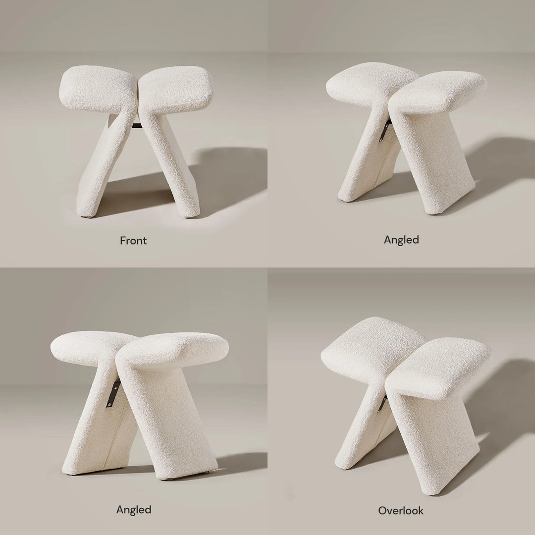 Faye cream white Vanity Stool shown from front, side, top and bottom views to highlight its design.