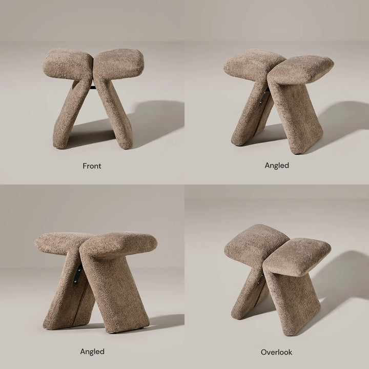 Faye Teddy Brown Vanity Stool shown from front, side, top and bottom views to highlight its design