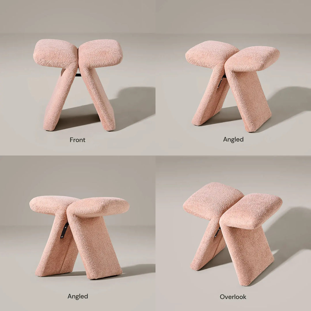 Faye Pink Vanity Stool shown from front, side, top and bottom views to highlight its design