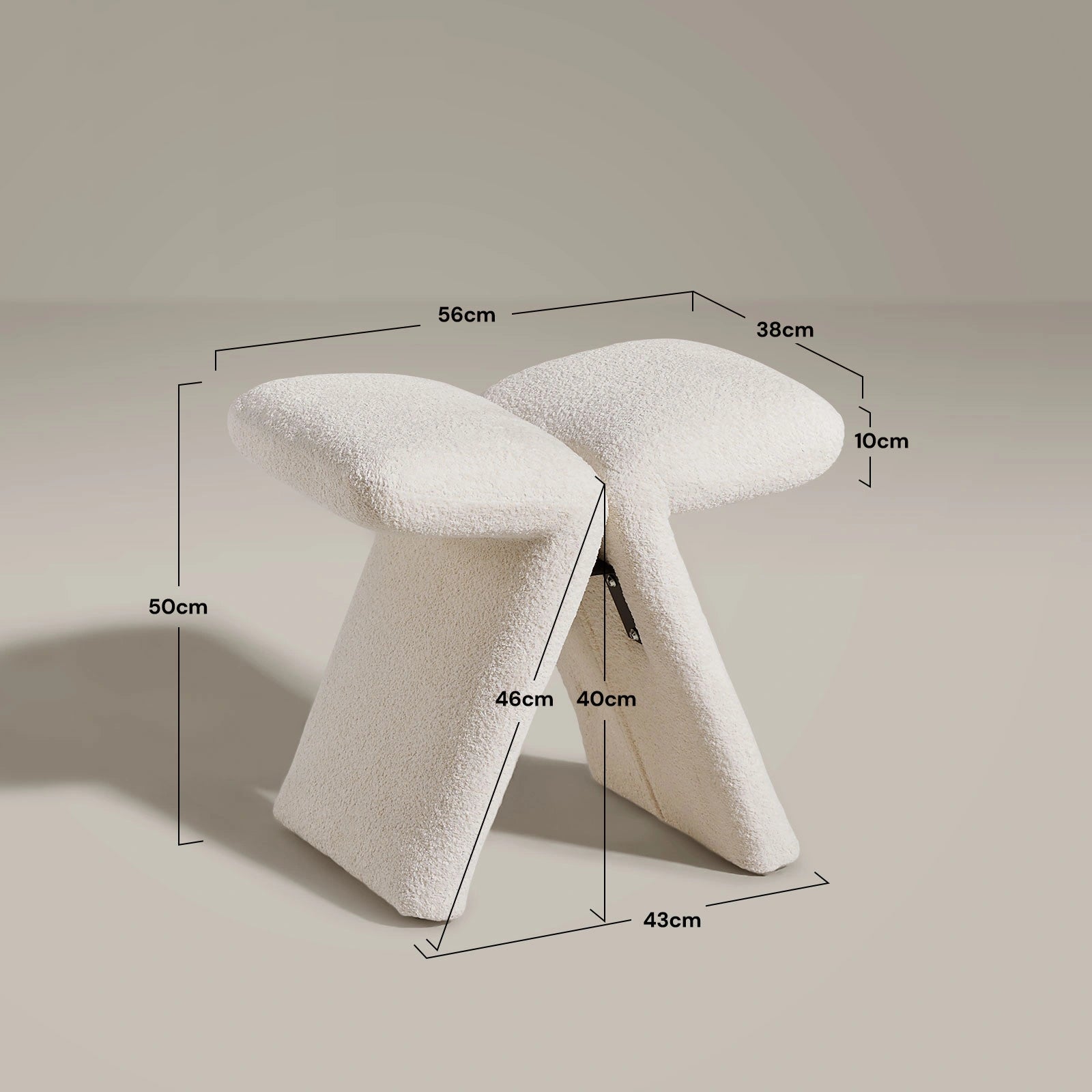 Dimensions and size details of the Faye cream white Vanity Stool.