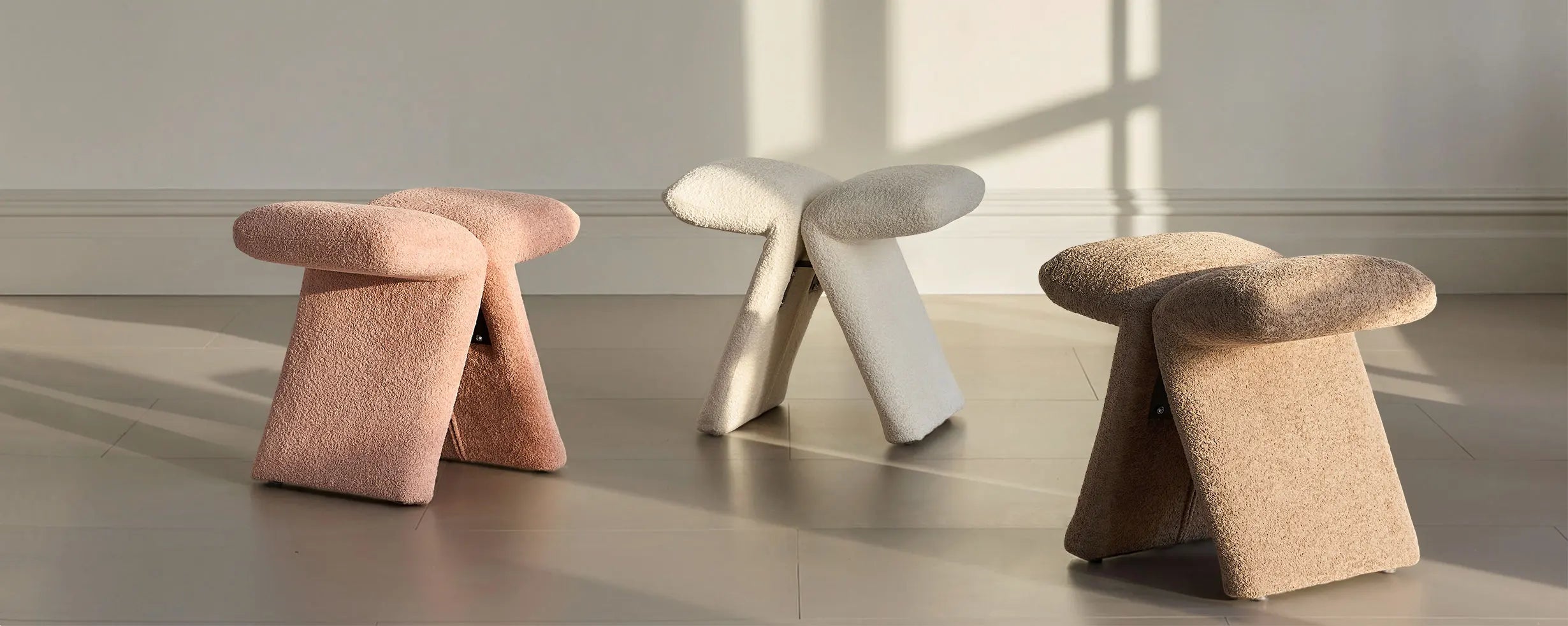 Faye Vanity Stool collection featuring three colours: Teddy Brown, Warm Blush and Cream White