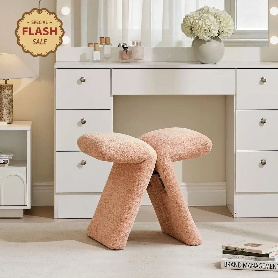 Faye Warm Blush Vanity Stool, beside a dressing table
