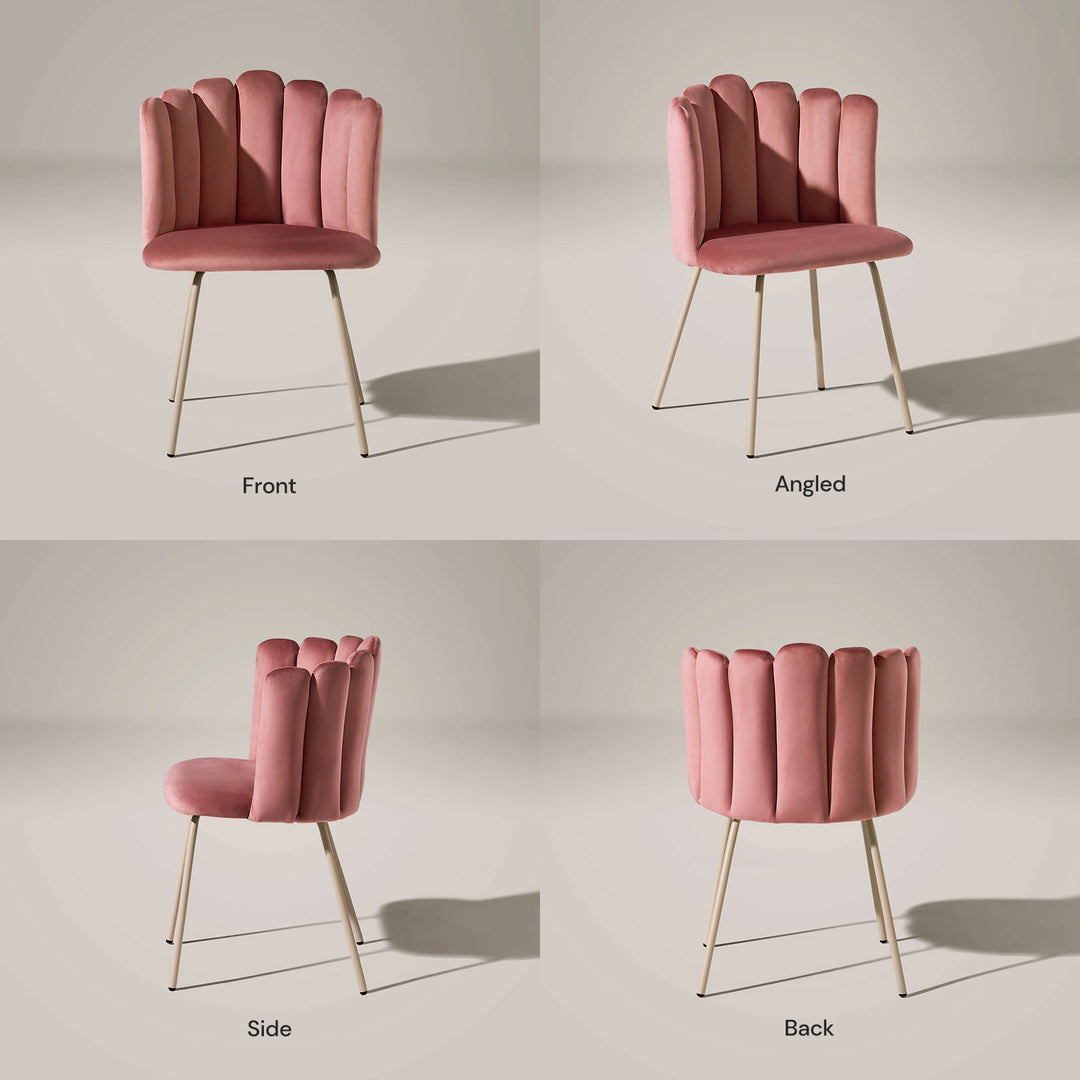 Front, side and back views of Fleur pink Fabric modern vanity chair.